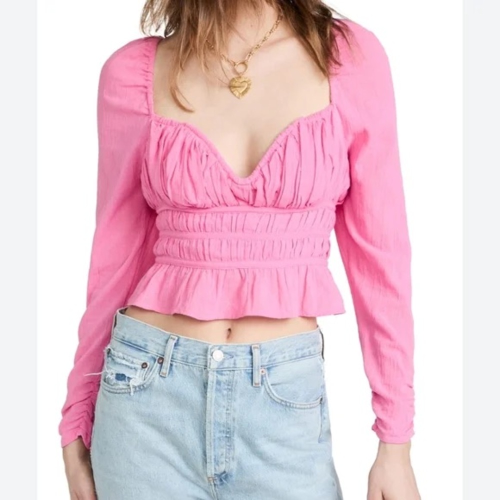 Free People Smocked Crop Peplum Ruched Top Open Back Pink